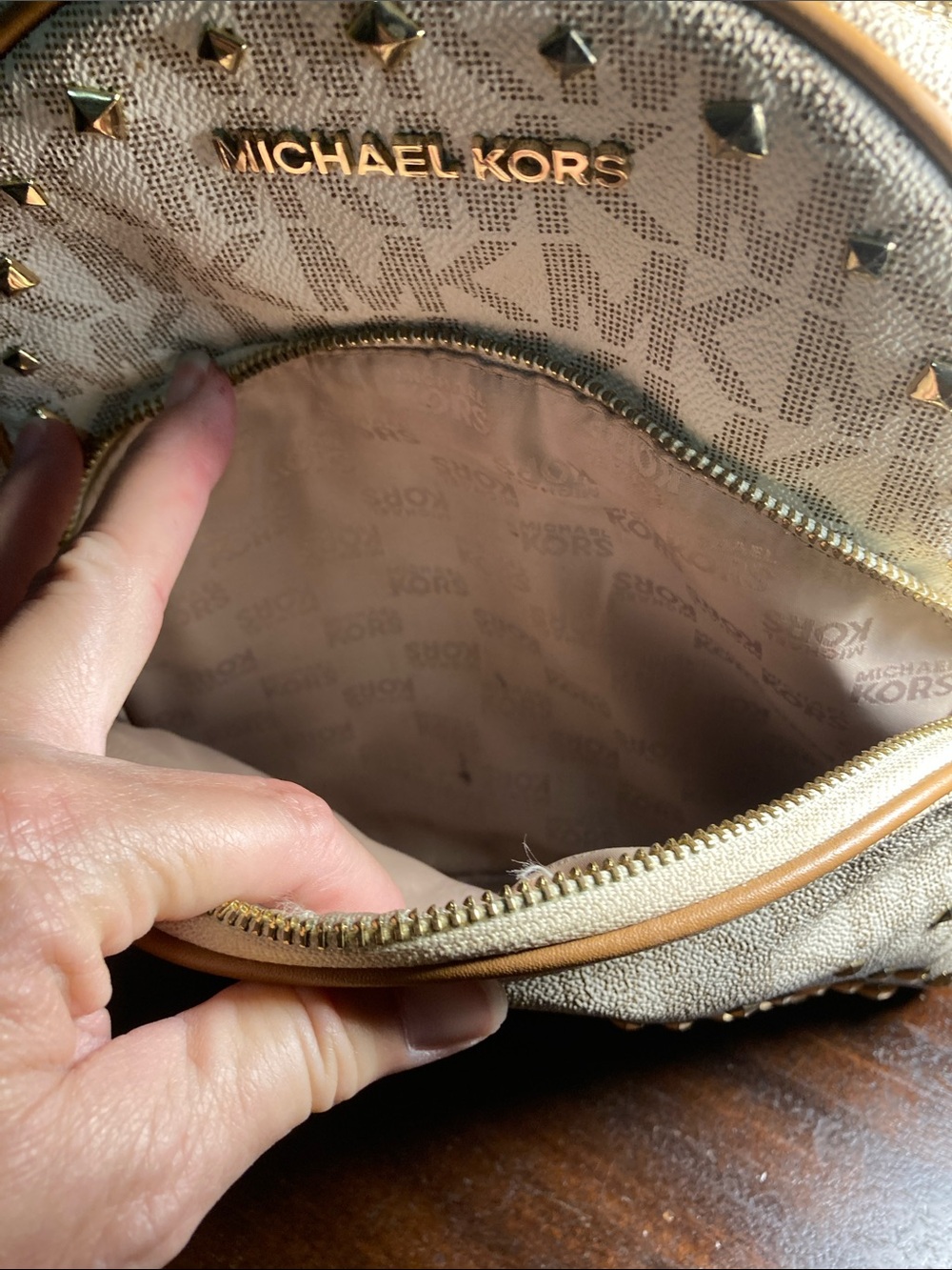 Michael Kors Cream and Tan MK Logo Studded Abbey Medium Backpack - Picture 10 of 12